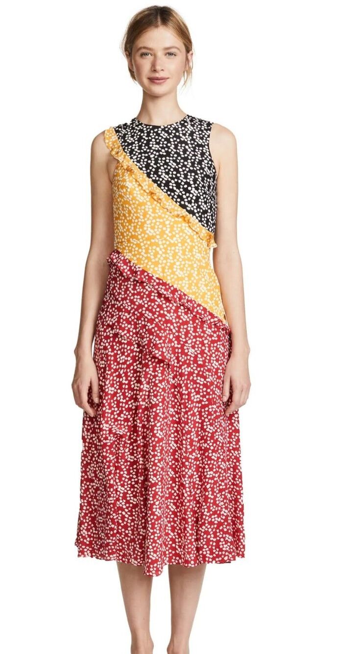 Saloni Agnes Knot Print Silk Midi Dress 2 Multicolor Floral Ruffle Wedding Guest